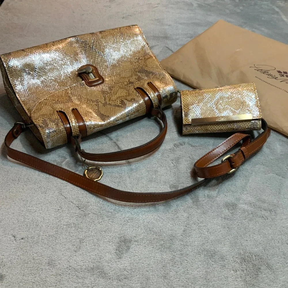 Patricia Nash Metallic Python Tan Leather Handbag Wallet Set P478371 NWT